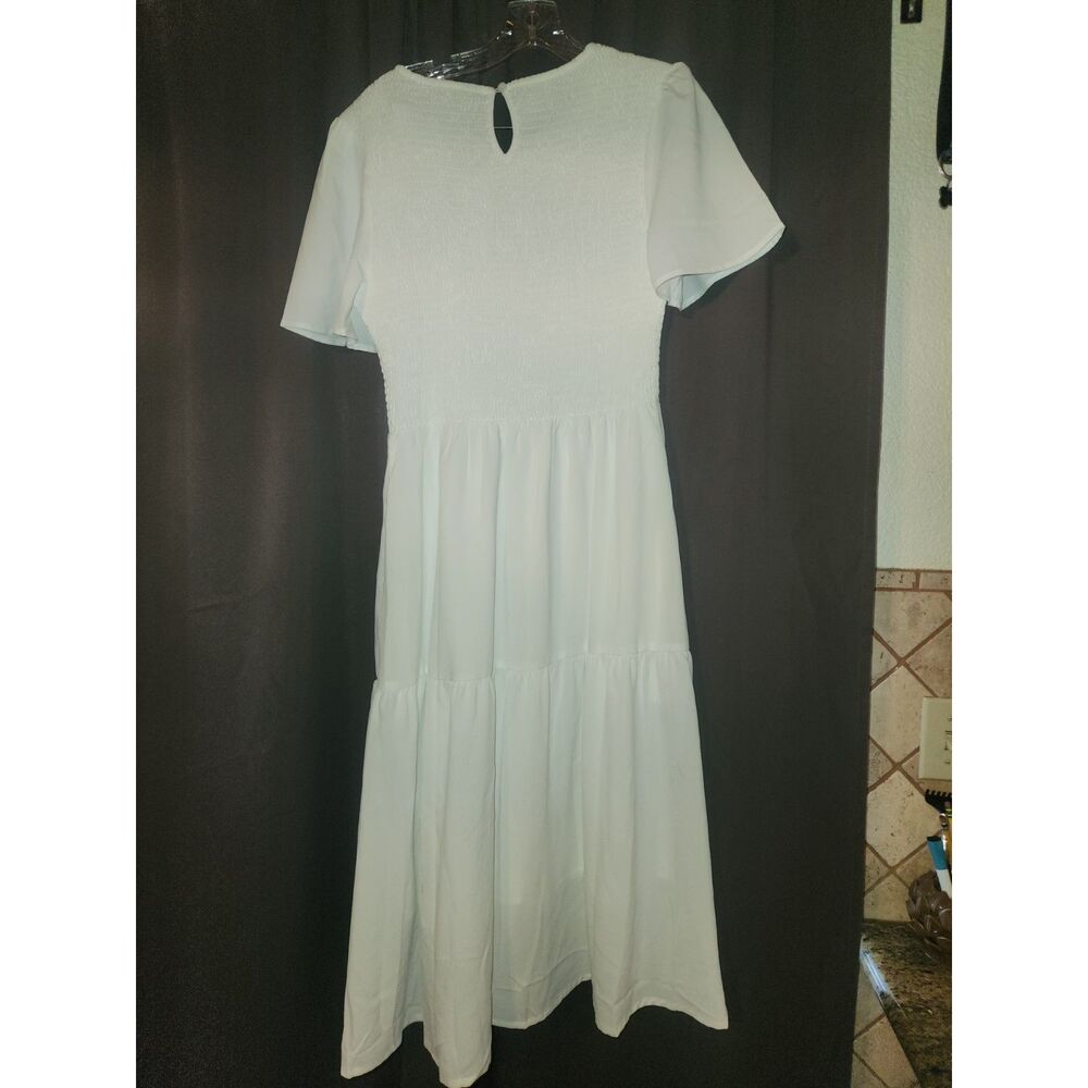 Ellakoko White Short Sleeve Dress Elastic Smocked Top Womens Size M Casual